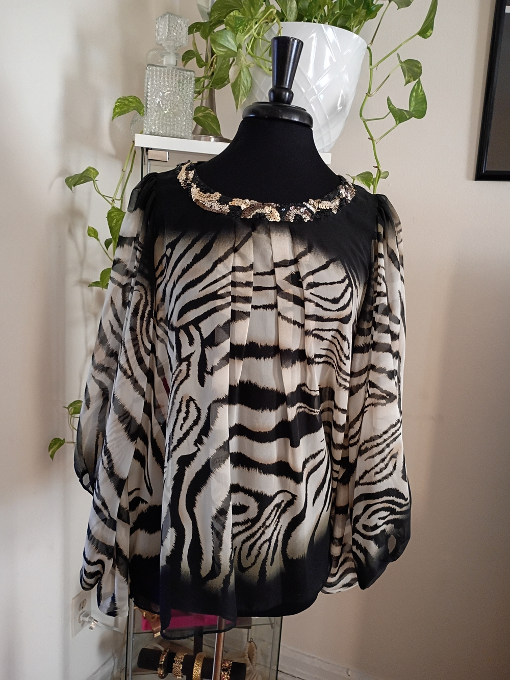 Zebra Print Chiffon Blouse with Sequin Collar - Black & White